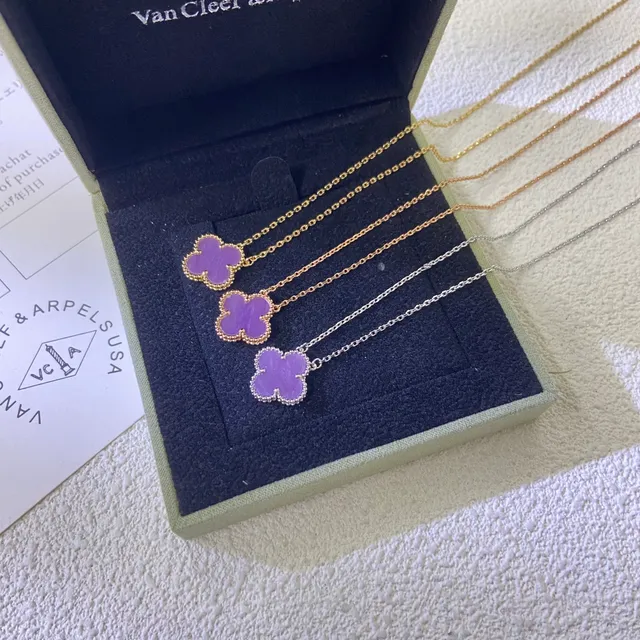 Clover-Shaped Purple Stone Beaded Bezels Pendant Necklaces 2