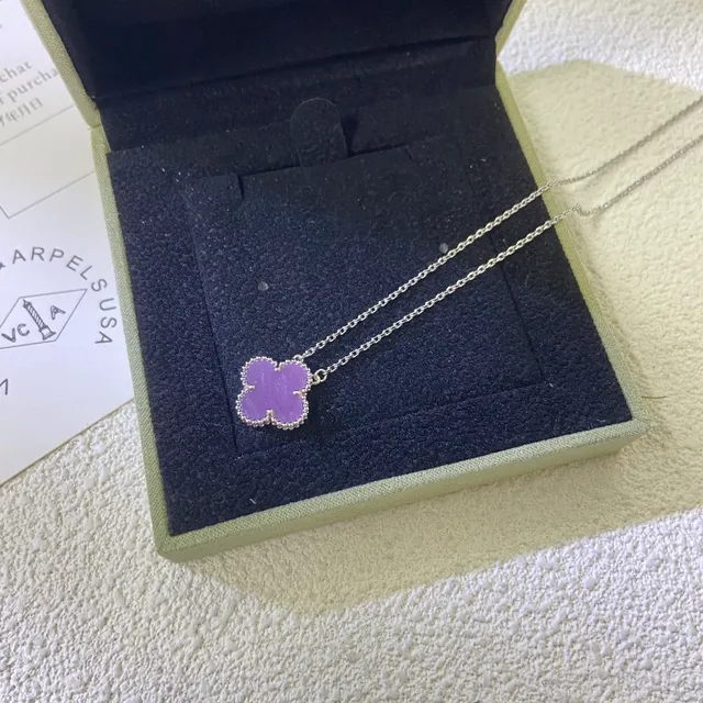Clover-Shaped Purple Stone Beaded Bezels Pendant Necklaces 3