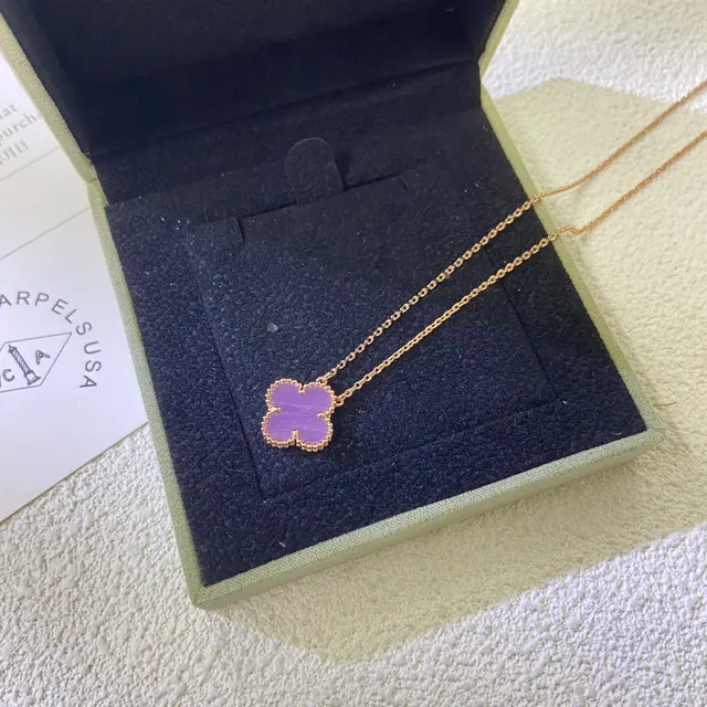 Clover-Shaped Purple Stone Beaded Bezels Pendant Necklaces 4