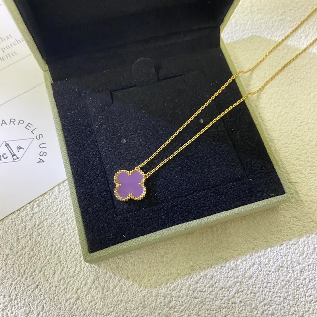 Clover-Shaped Purple Stone Beaded Bezels Pendant Necklaces 5