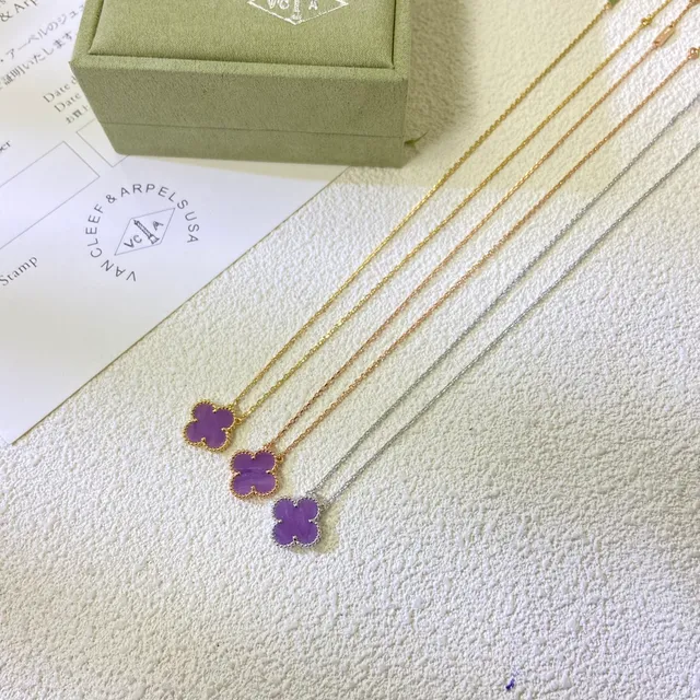 Clover-Shaped Purple Stone Beaded Bezels Pendant Necklaces 6