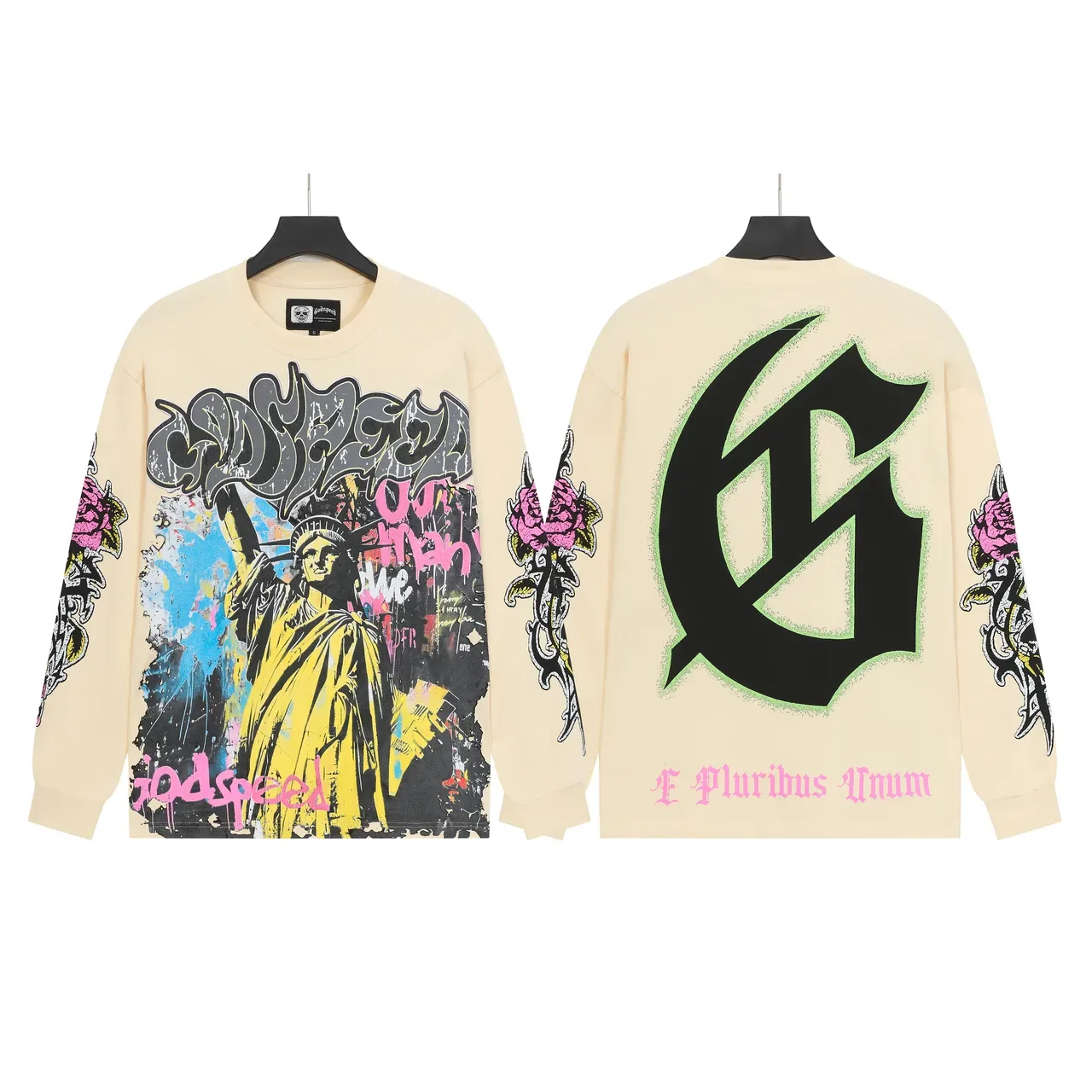 Cream Graphic-Print Oversized Long-Sleeve T-Shirt 2