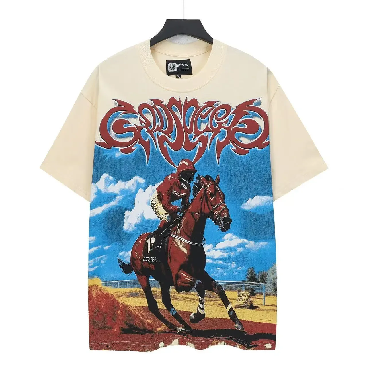 Cream Oversized Graphic Racing Horse Print T-Shirt 2