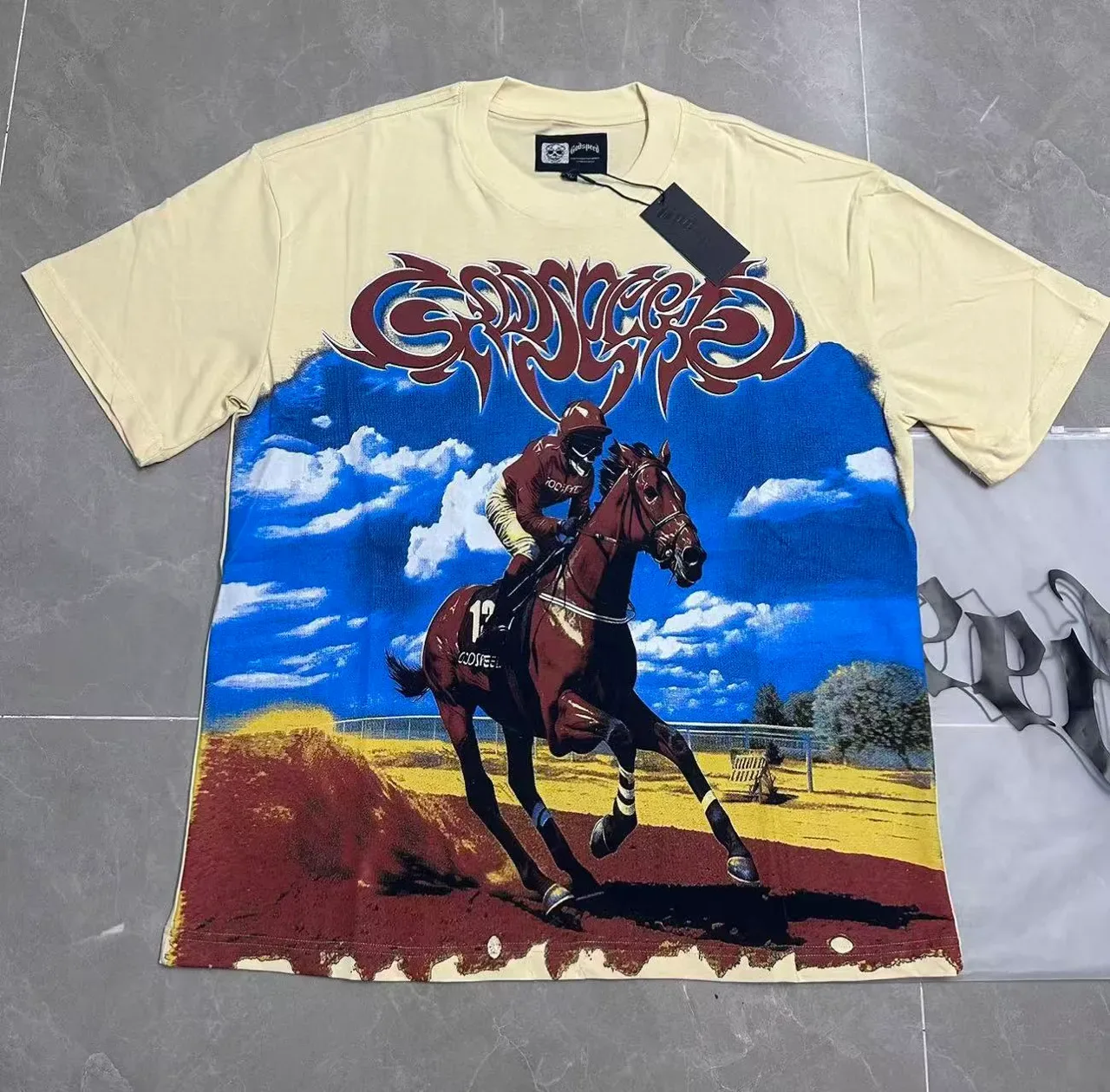 Cream Oversized Graphic Racing Horse Print T-Shirt 6