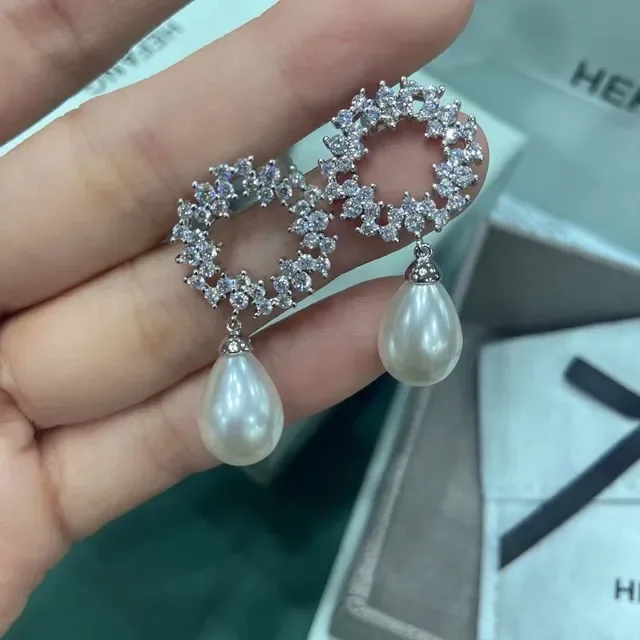 Crystal Halo Teardrop Pearl Drop Earrings 5