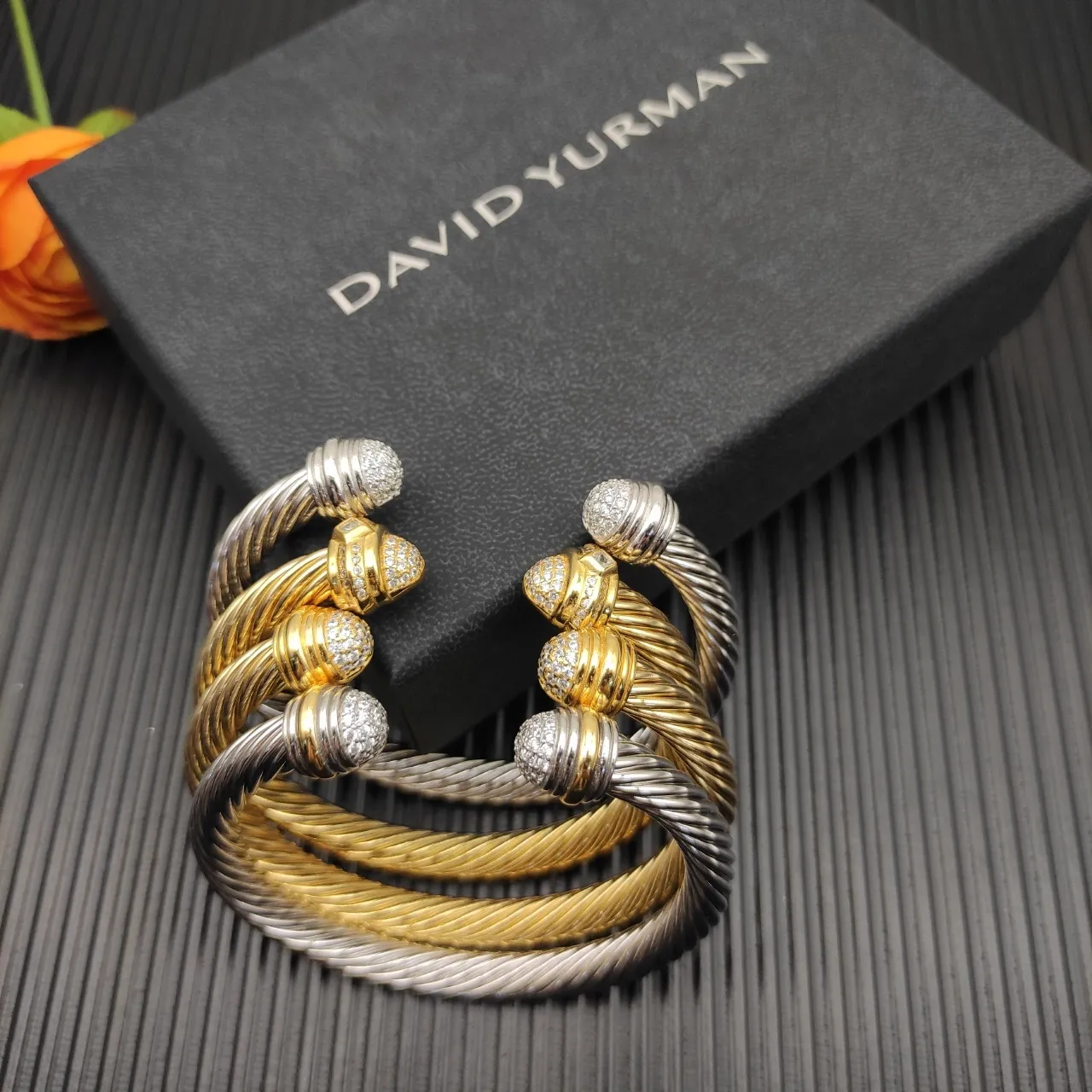 David Yurman Cable Classic Cuff Gold Silver Twisted Pavé-Set Spherical Ends Bracelet 2