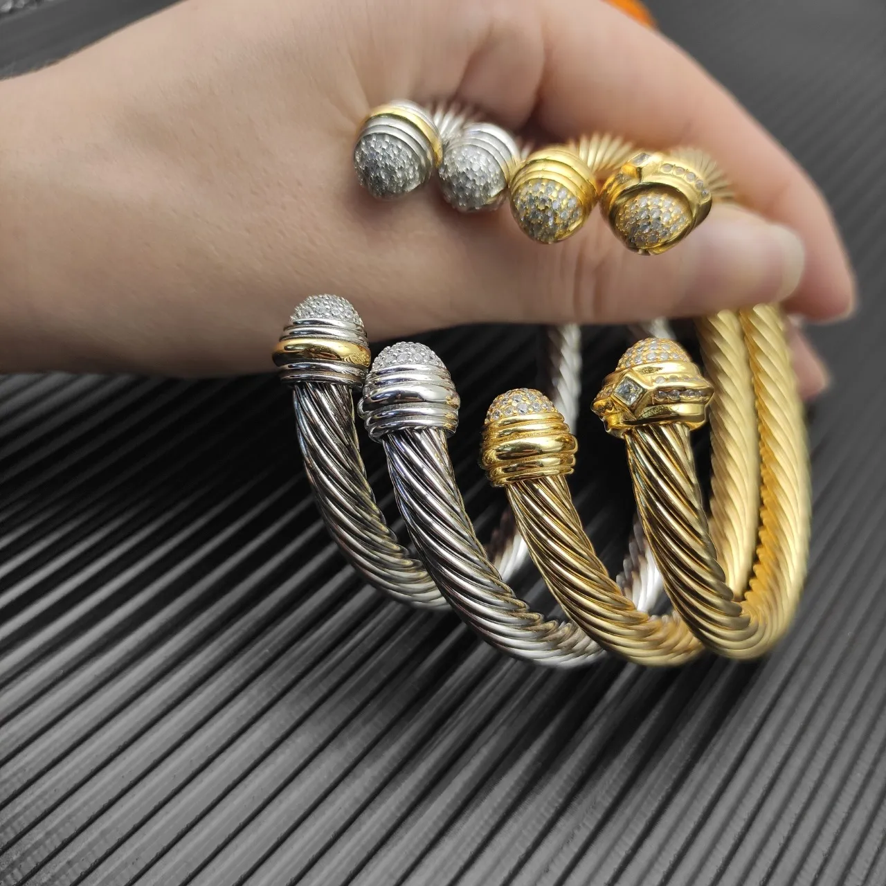 David Yurman Cable Classic Cuff Gold Silver Twisted Pavé-Set Spherical Ends Bracelet 3