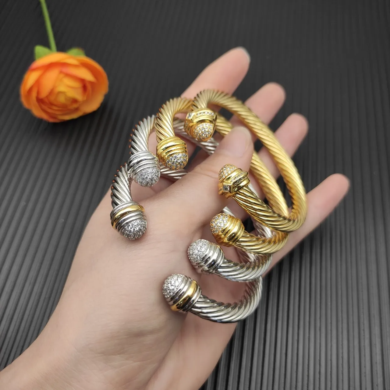 David Yurman Cable Classic Cuff Gold Silver Twisted Pavé-Set Spherical Ends Bracelet 4