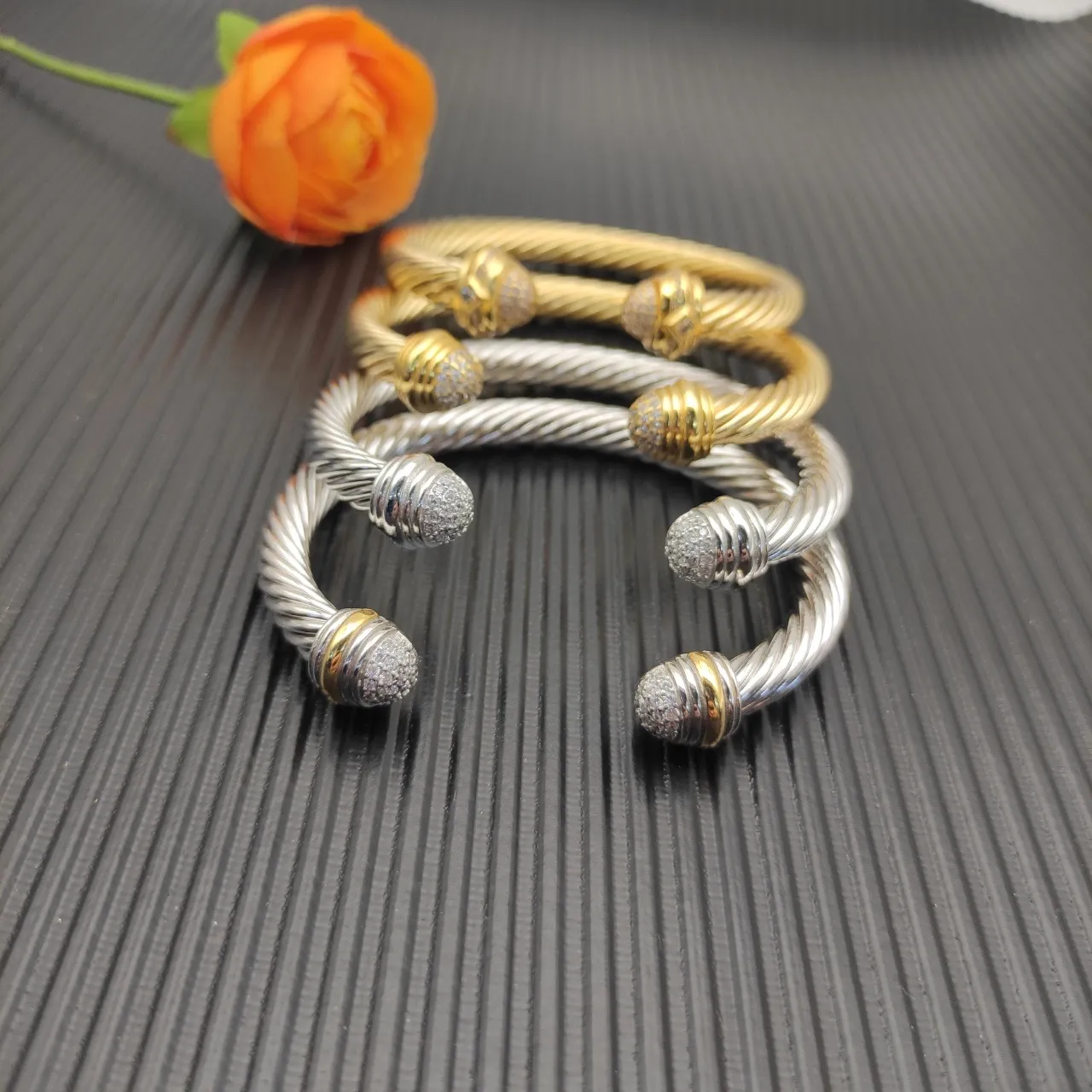 David Yurman Cable Classic Cuff Gold Silver Twisted Pavé-Set Spherical Ends Bracelet 5