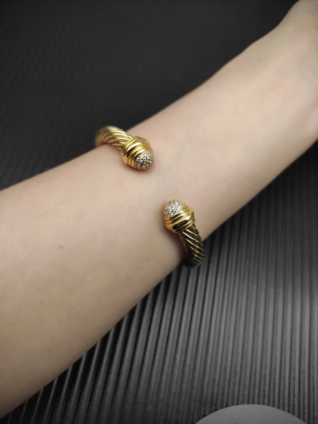 David Yurman Cable Classic Cuff Gold Silver Twisted Pavé-Set Spherical Ends Bracelet 7