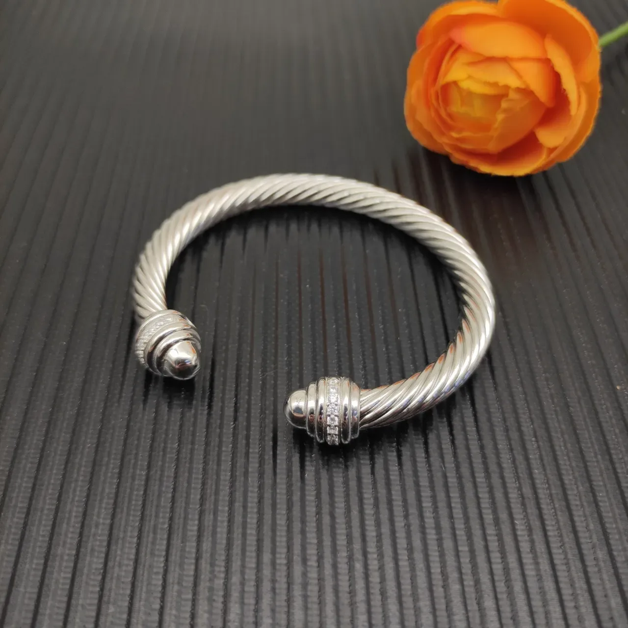 David Yurman Cable Classic Silver White Twisted Pavé-Diamond Terminals Bracelet 11