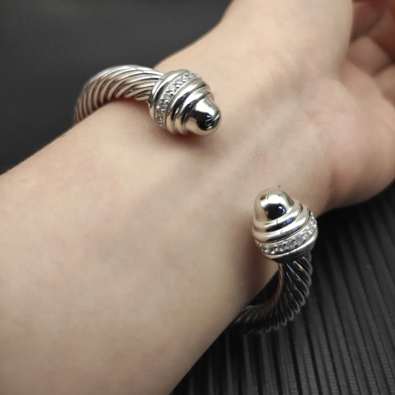 David Yurman Cable Classic Silver White Twisted Pavé-Diamond Terminals Bracelet 12