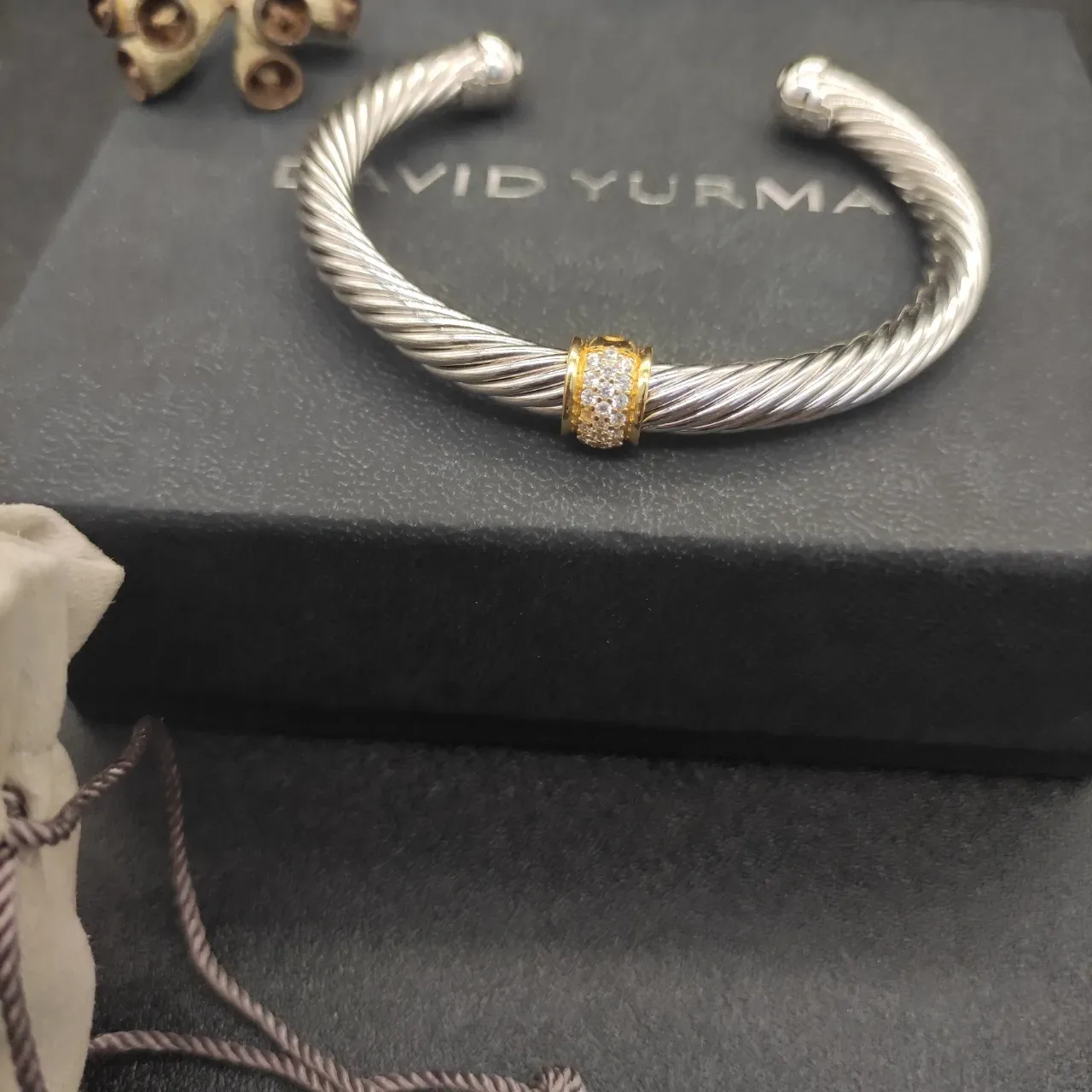 David Yurman Cable Classics Silver Gold Twisted Pavé Diamond Bezel Bracelet 2