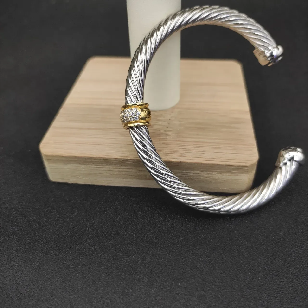 David Yurman Cable Classics Silver Gold Twisted Pavé Diamond Bezel Bracelet 6