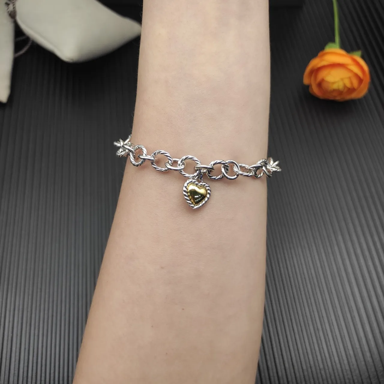 David Yurman Cable Classics Twisted Link Heart Charm Bracelet 8