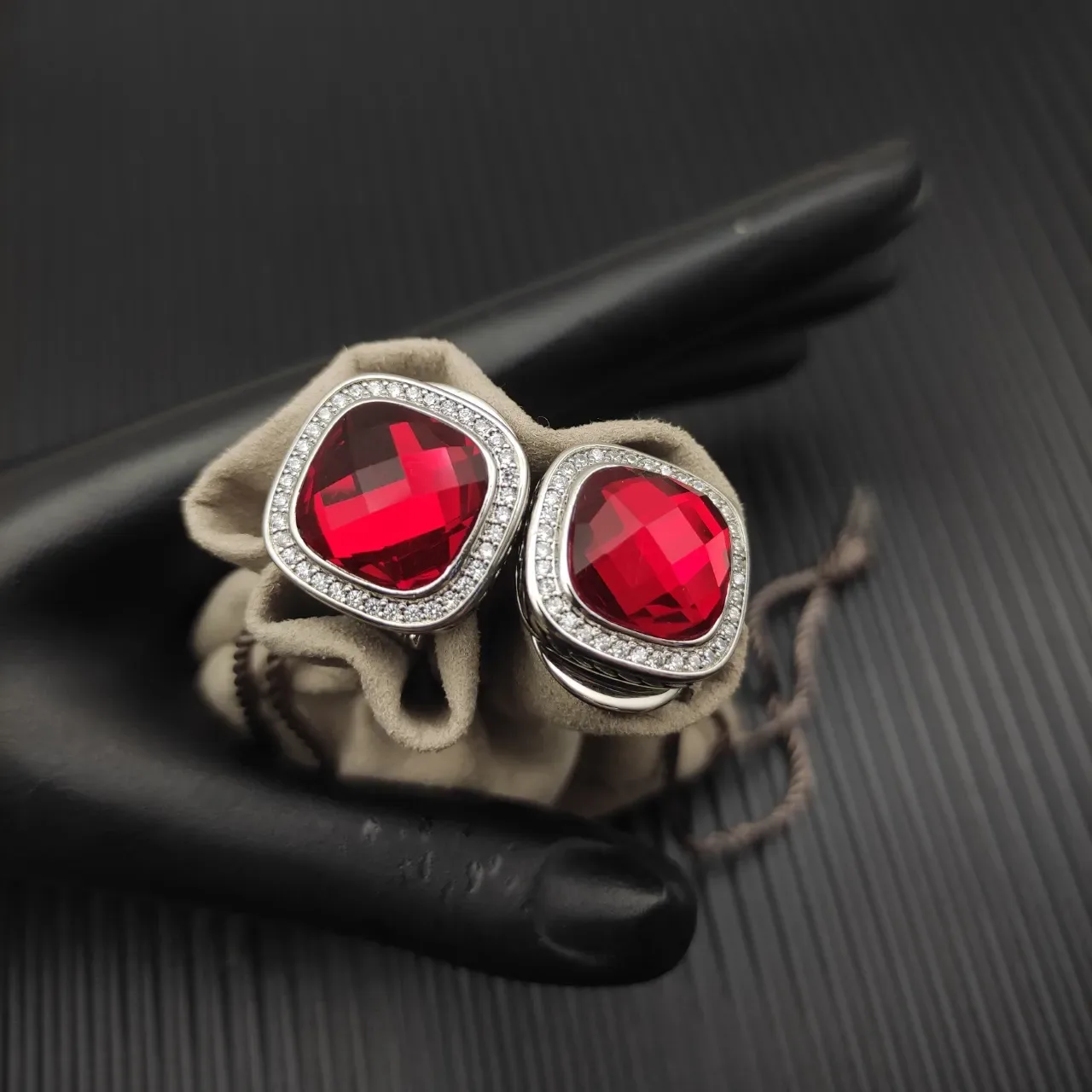 David Yurman Cushion-Cut Red Gemstone Pavé Halo Earrings 6