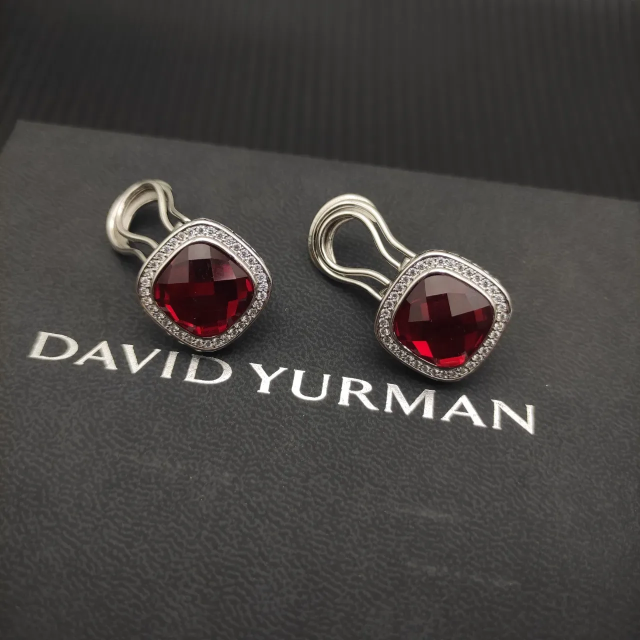 David Yurman Cushion-Cut Red Gemstone Pavé Halo Earrings 8