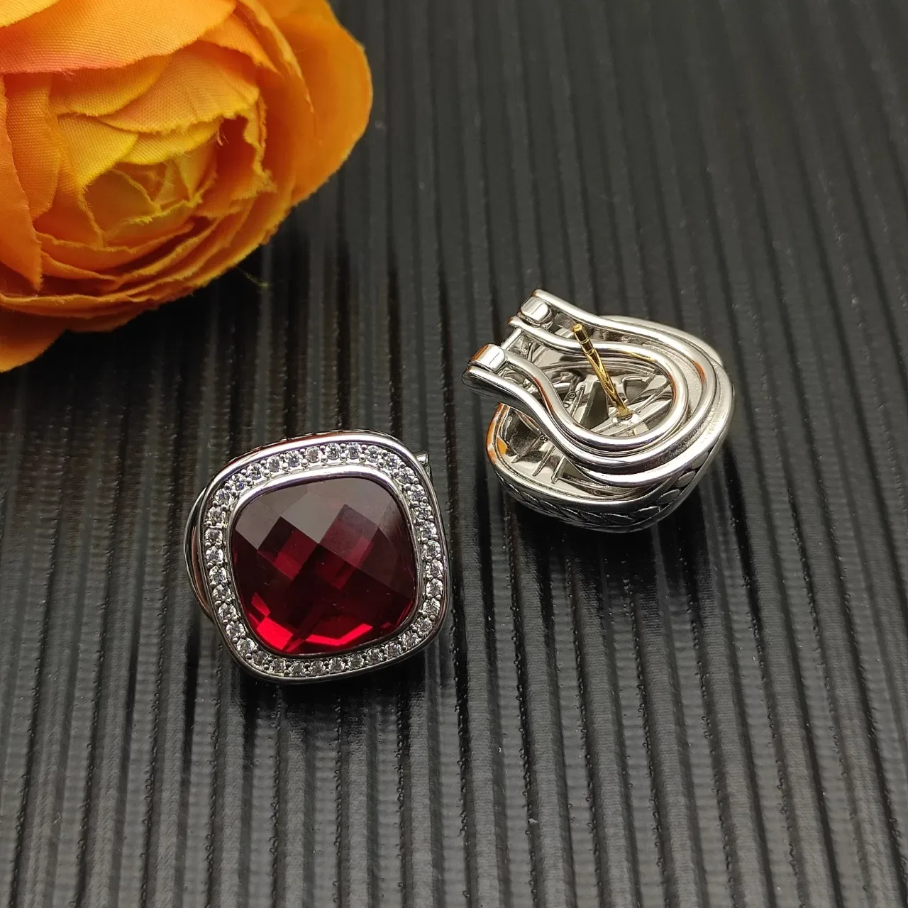 David Yurman Cushion-Cut Red Gemstone Pavé Halo Earrings 9