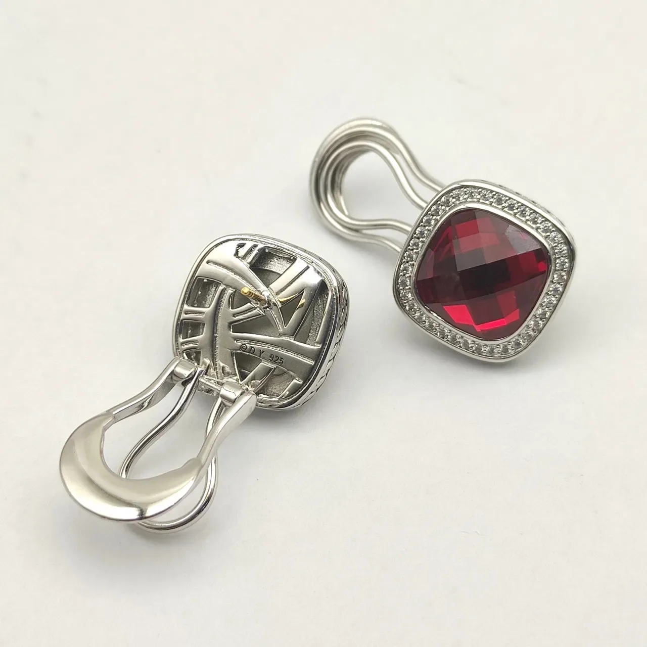 David Yurman Cushion-Cut Red Gemstone Pavé Halo Earrings 10