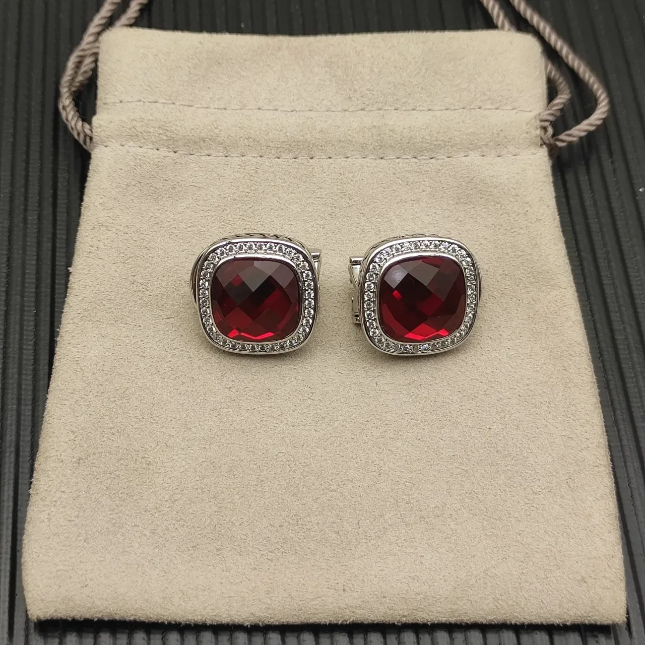 David Yurman Cushion-Cut Red Gemstone Pavé Halo Earrings 11