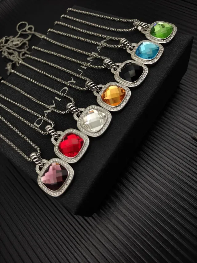 David Yurman Faceted Red Gemstone Pavé Halo Pendant Necklace 2