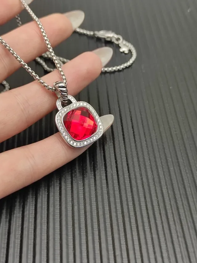David Yurman Faceted Red Gemstone Pavé Halo Pendant Necklace 4