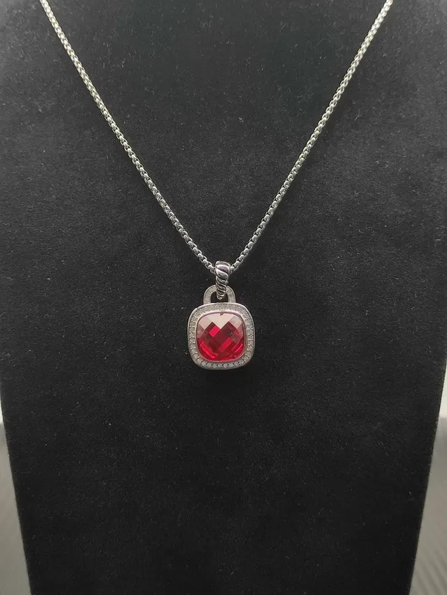 David Yurman Faceted Red Gemstone Pavé Halo Pendant Necklace 5