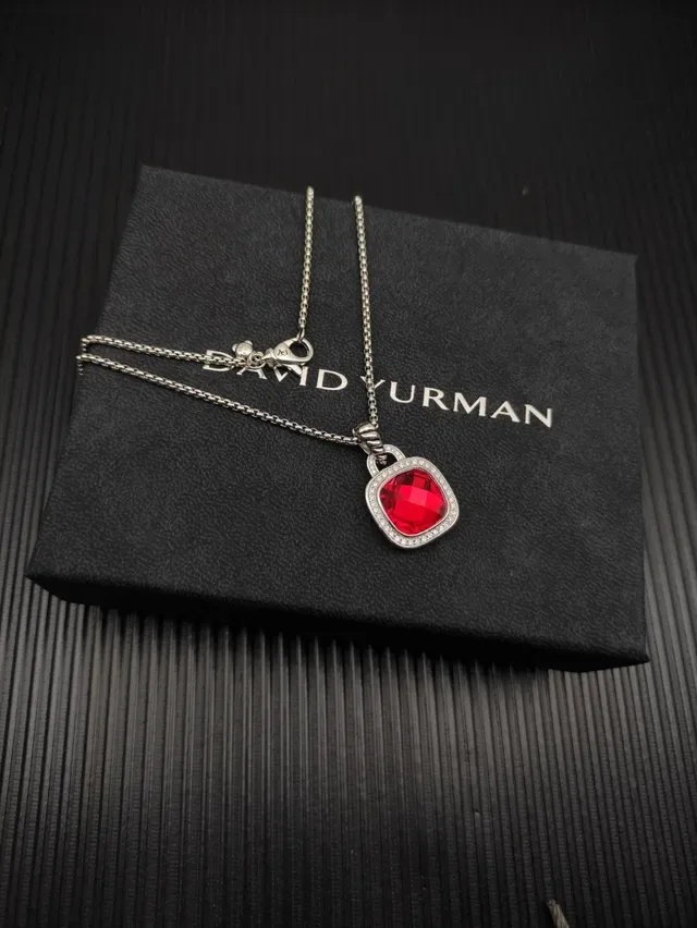 David Yurman Faceted Red Gemstone Pavé Halo Pendant Necklace 6