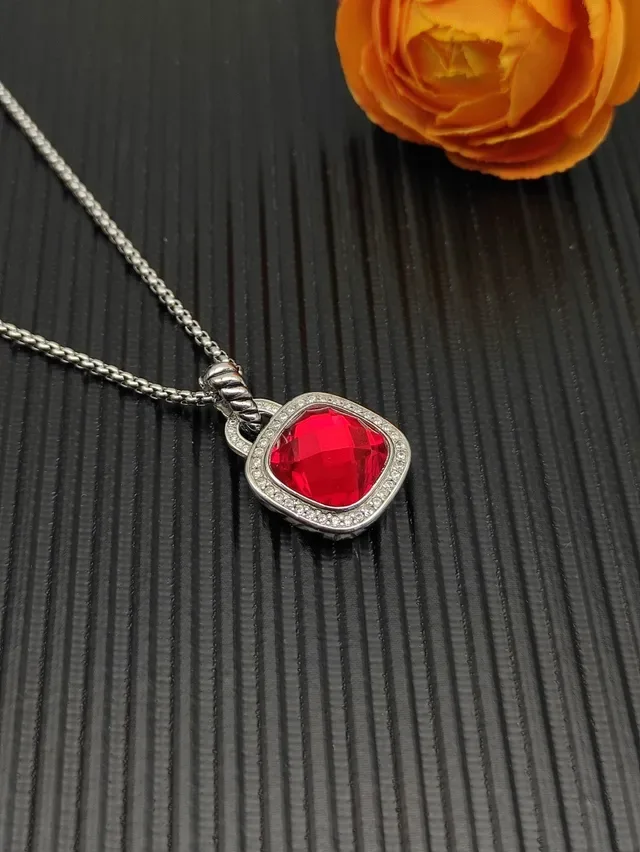 David Yurman Faceted Red Gemstone Pavé Halo Pendant Necklace 8