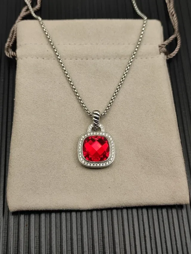 David Yurman Faceted Red Gemstone Pavé Halo Pendant Necklace 9