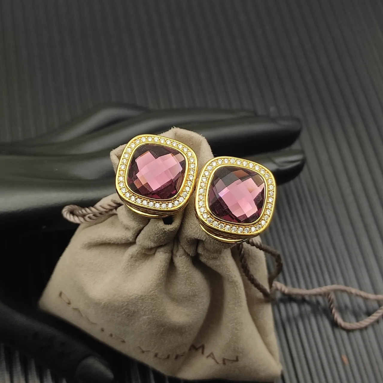 David Yurman Gold-Tone Cushion-Cut Garnet Pavé Halo Earrings 6
