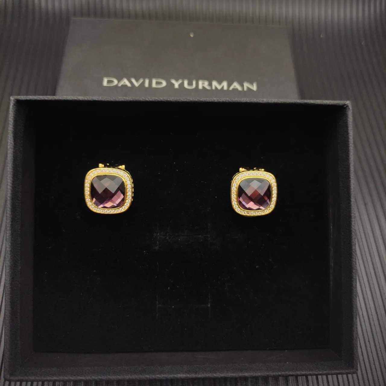 David Yurman Gold-Tone Cushion-Cut Garnet Pavé Halo Earrings 7
