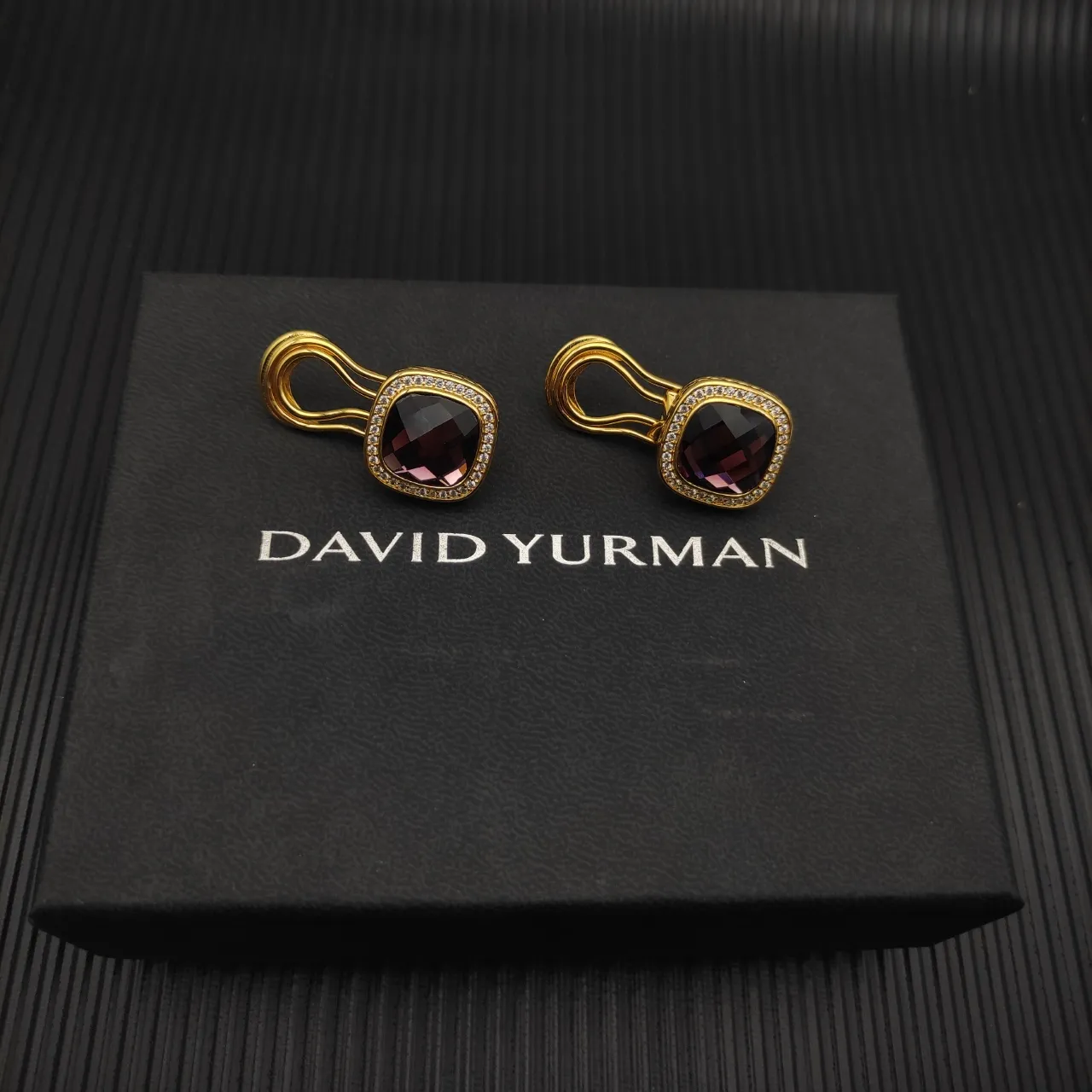 David Yurman Gold-Tone Cushion-Cut Garnet Pavé Halo Earrings 8