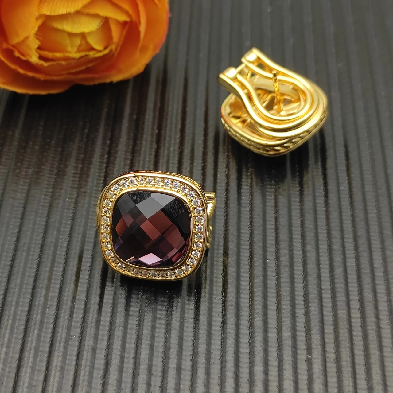 David Yurman Gold-Tone Cushion-Cut Garnet Pavé Halo Earrings 9