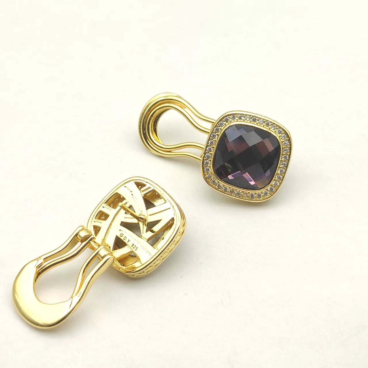 David Yurman Gold-Tone Cushion-Cut Garnet Pavé Halo Earrings 10