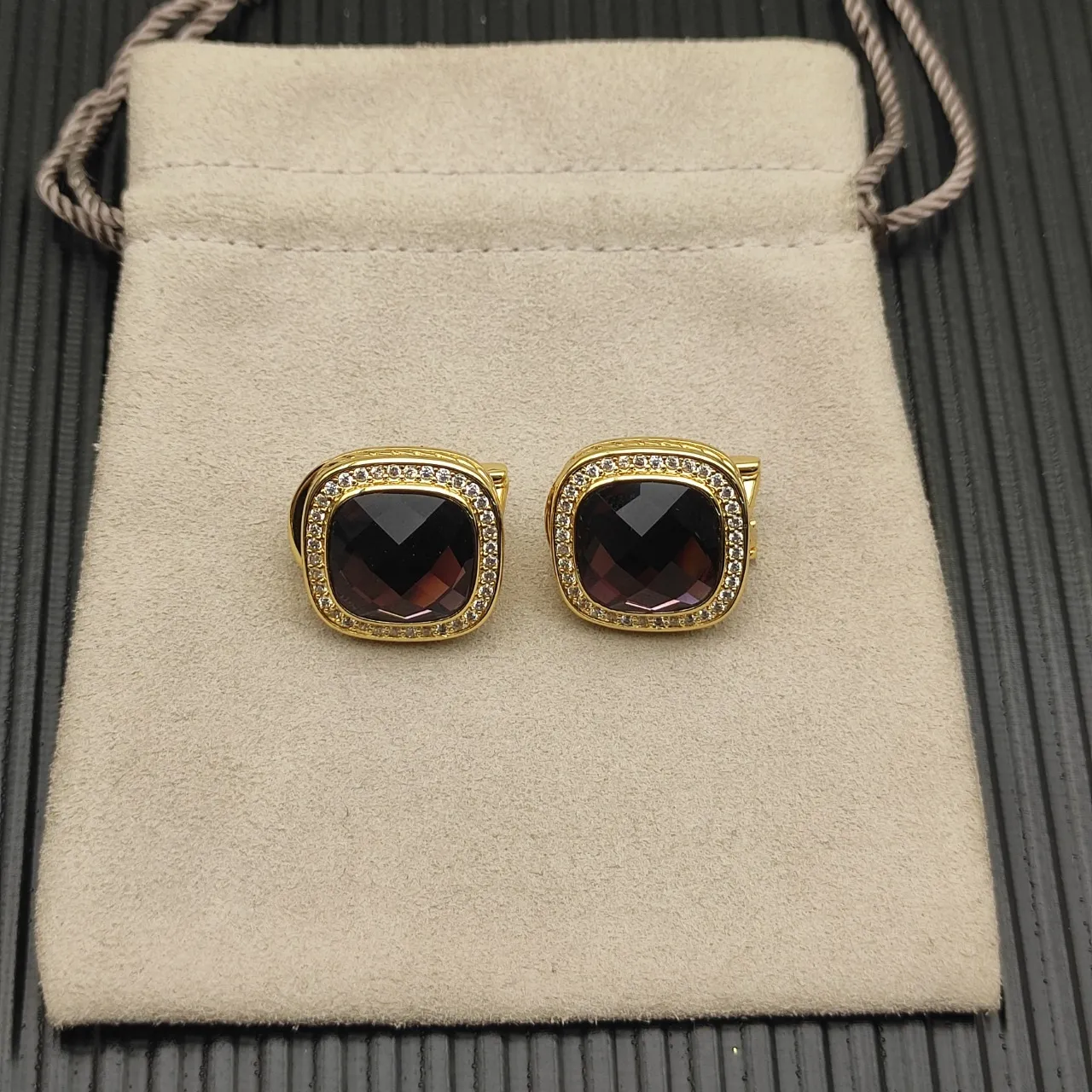 David Yurman Gold-Tone Cushion-Cut Garnet Pavé Halo Earrings 11