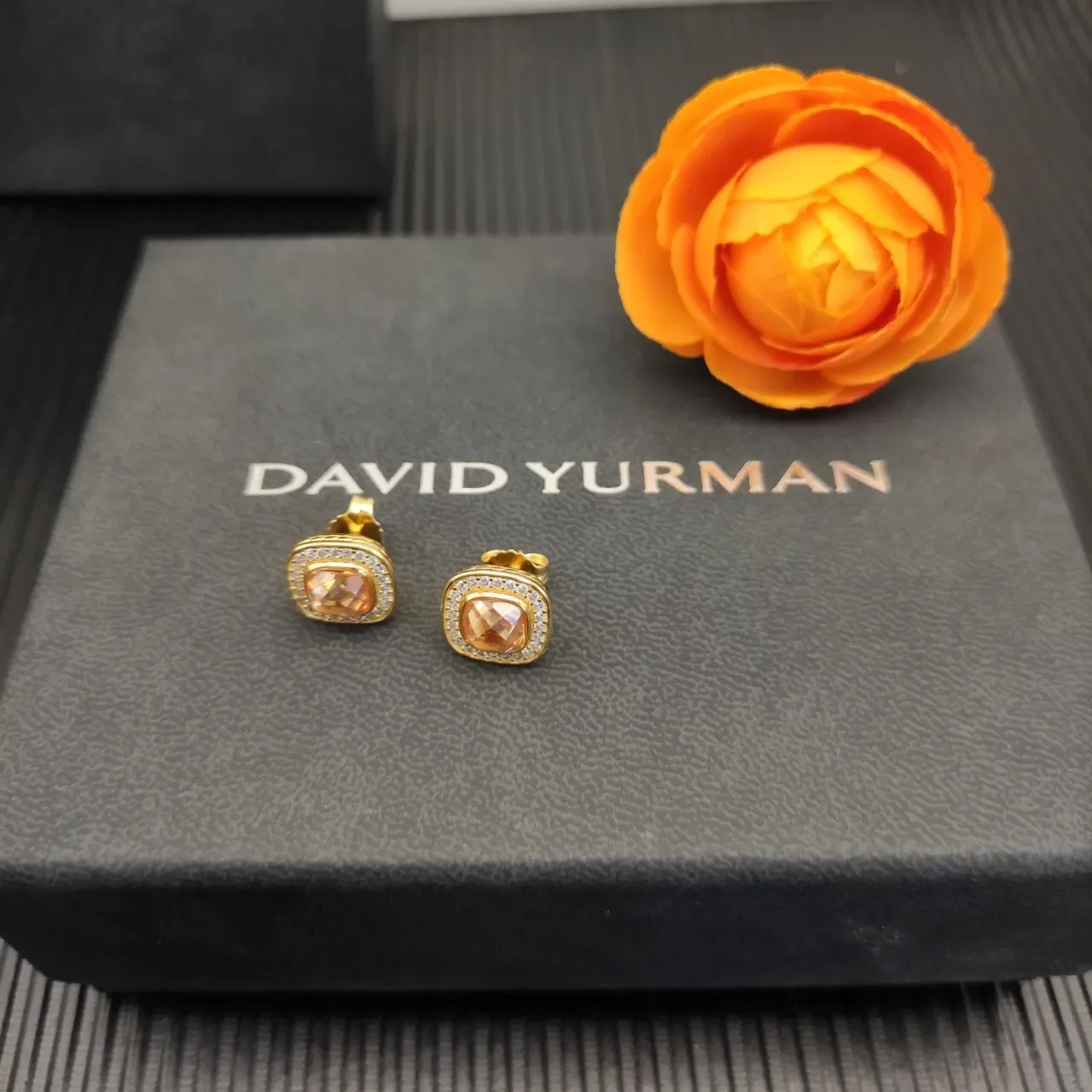 David Yurman Gold-Tone Peach Stone Pavé Halo Stud Earrings 8