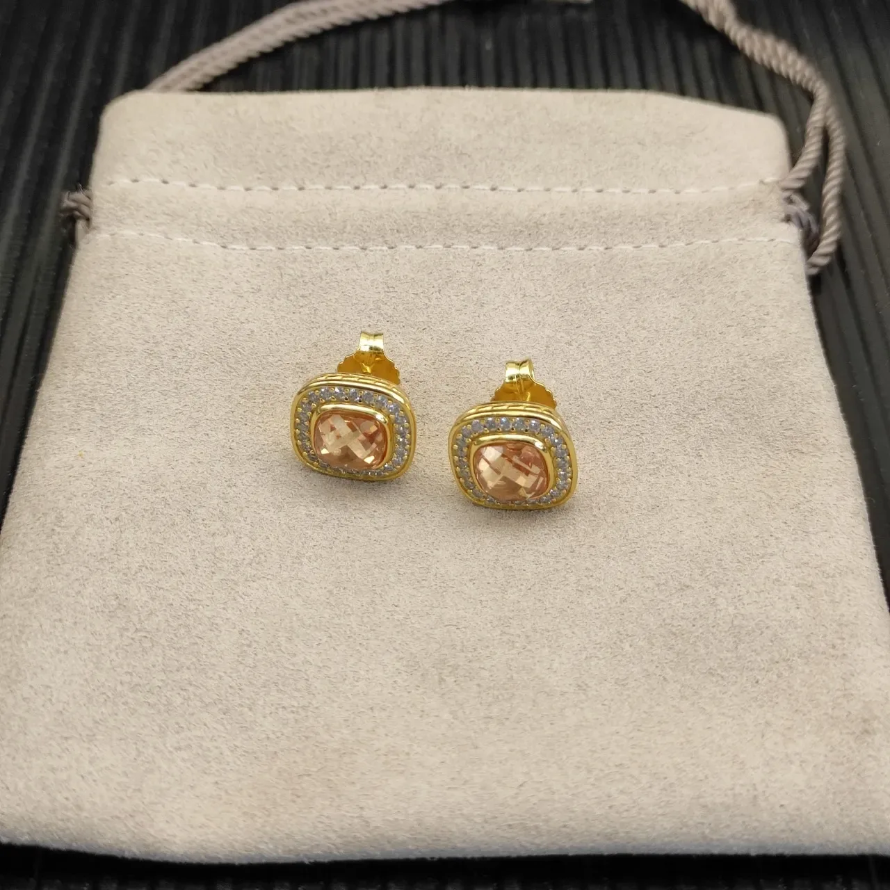 David Yurman Gold-Tone Peach Stone Pavé Halo Stud Earrings 9