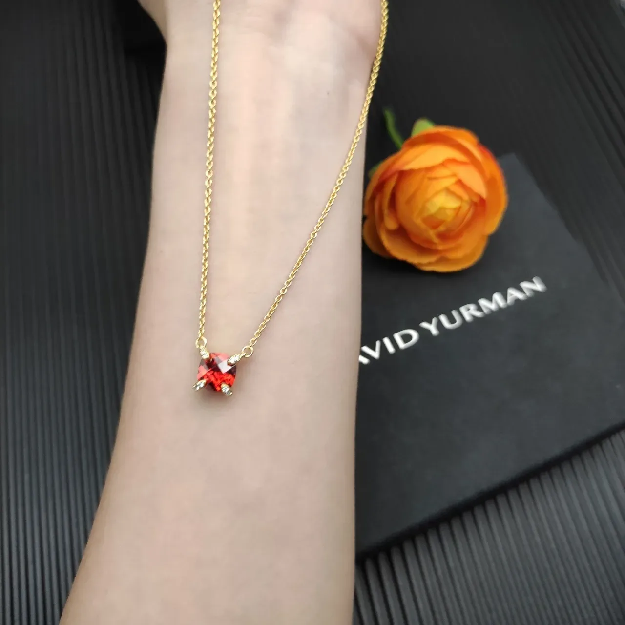 David Yurman Red Gold Chain Square-Cut Gemstone Necklace 4