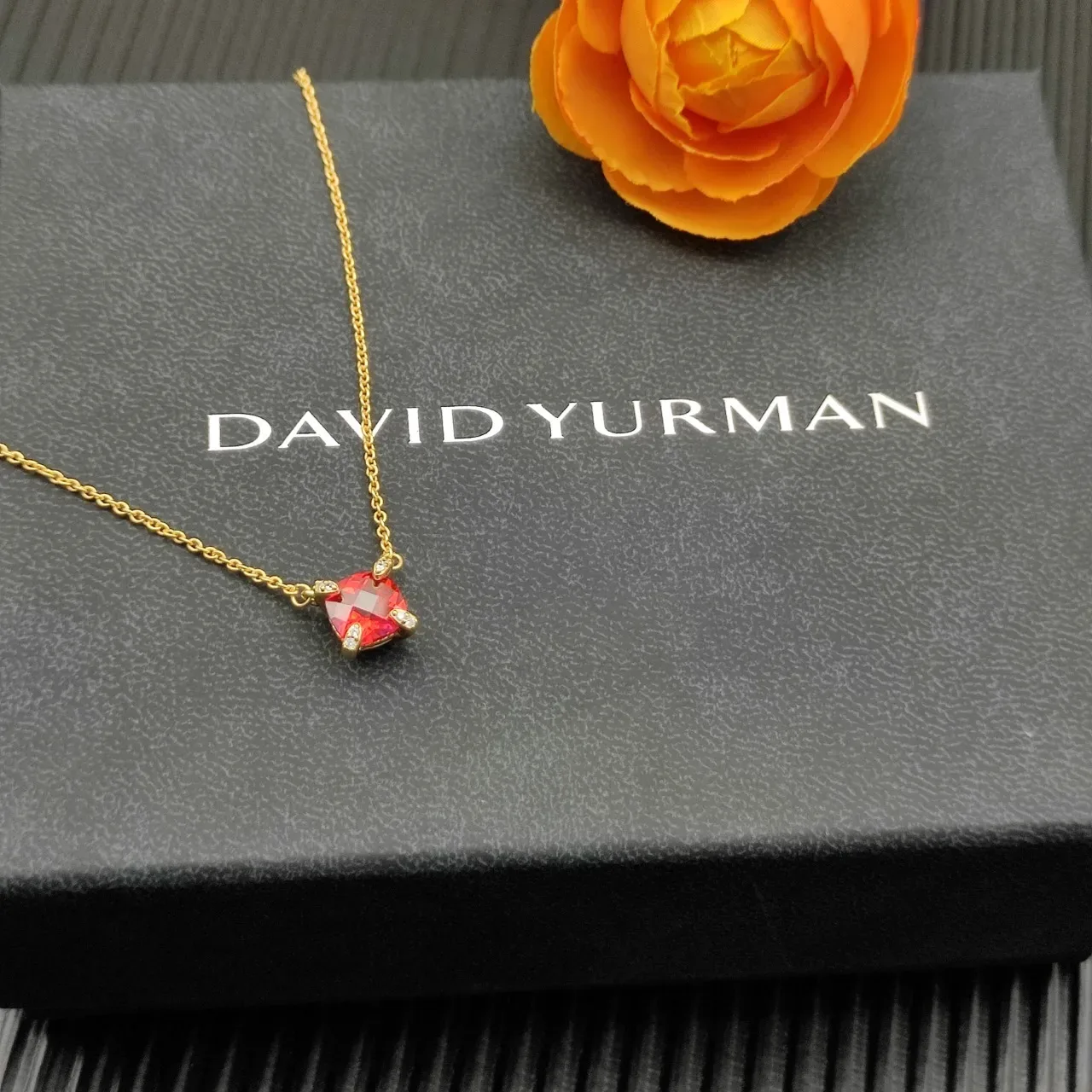David Yurman Red Gold Chain Square-Cut Gemstone Necklace 5