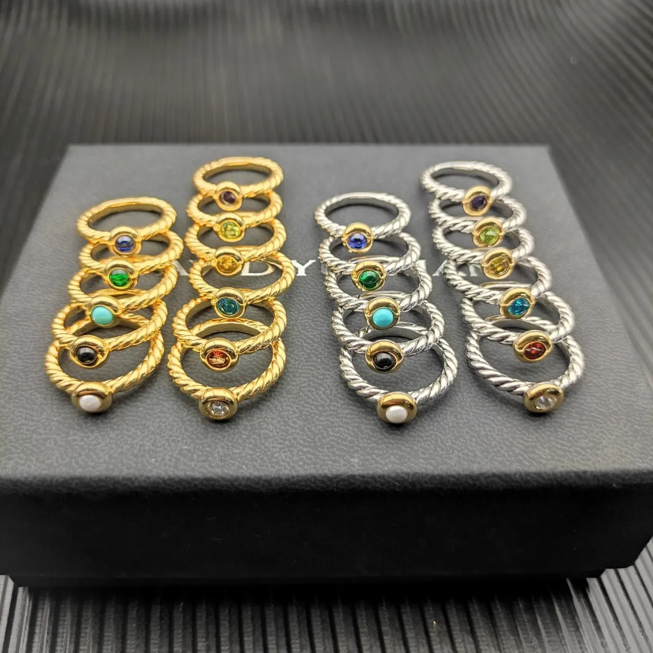 David Yurman Silver Gold Twisted Cable Band Single Bezel-Set Round Stone Ring 2