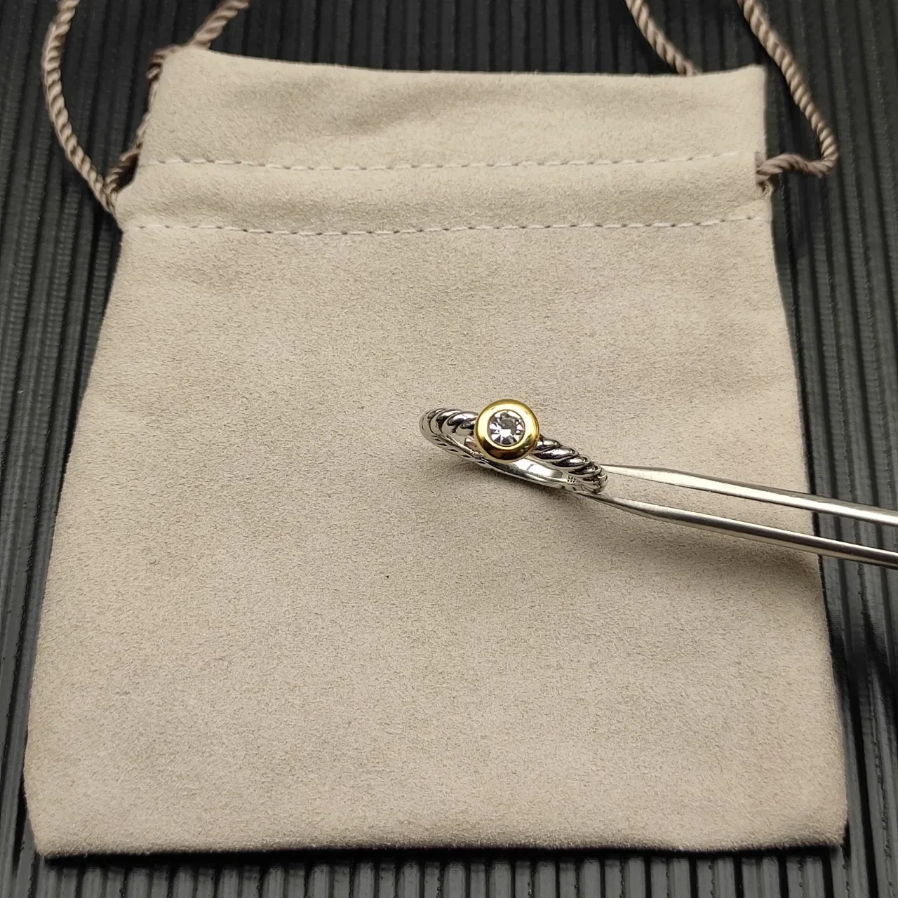 David Yurman Silver Gold Twisted Cable Band Single Bezel-Set Round Stone Ring 6