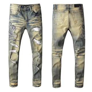 Distressed Acid-Wash Embroidered Snake Slim-Fit Jeans