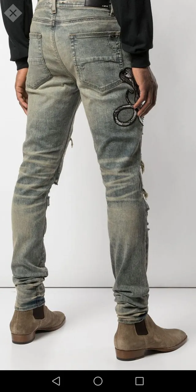 Distressed Acid-Wash Embroidered Snake Slim-Fit Jeans 2