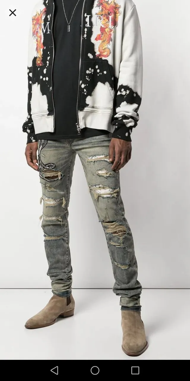 Distressed Acid-Wash Embroidered Snake Slim-Fit Jeans 4
