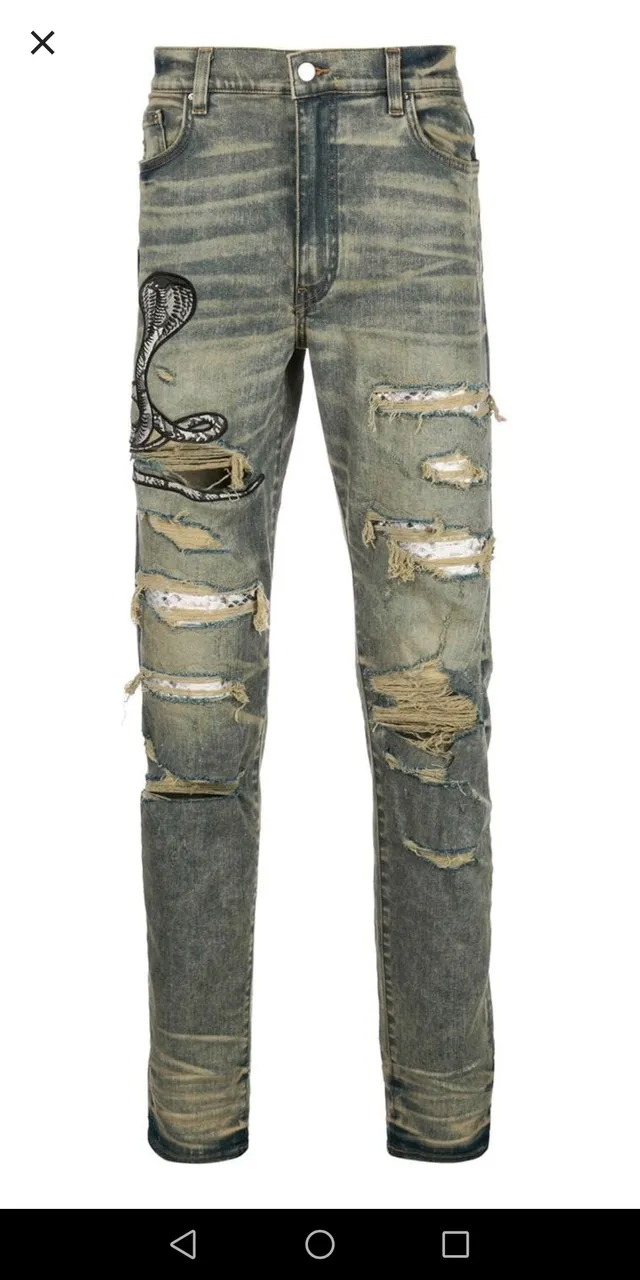 Distressed Acid-Wash Embroidered Snake Slim-Fit Jeans 5