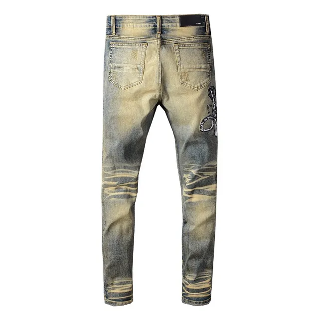 Distressed Acid-Wash Embroidered Snake Slim-Fit Jeans 10