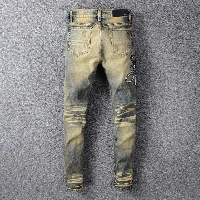Distressed Acid-Wash Embroidered Snake Slim-Fit Jeans 11