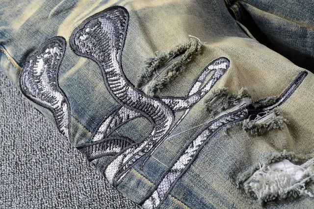 Distressed Acid-Wash Embroidered Snake Slim-Fit Jeans 12
