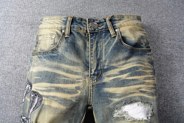 Distressed Acid-Wash Embroidered Snake Slim-Fit Jeans 17